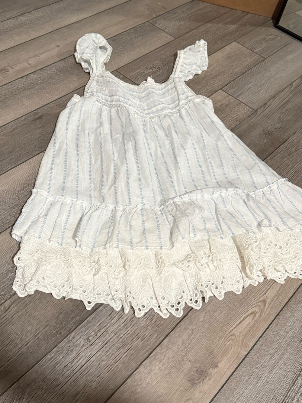 Shabby Chic White Coverup Dress with Light Blue Stripes and Lace